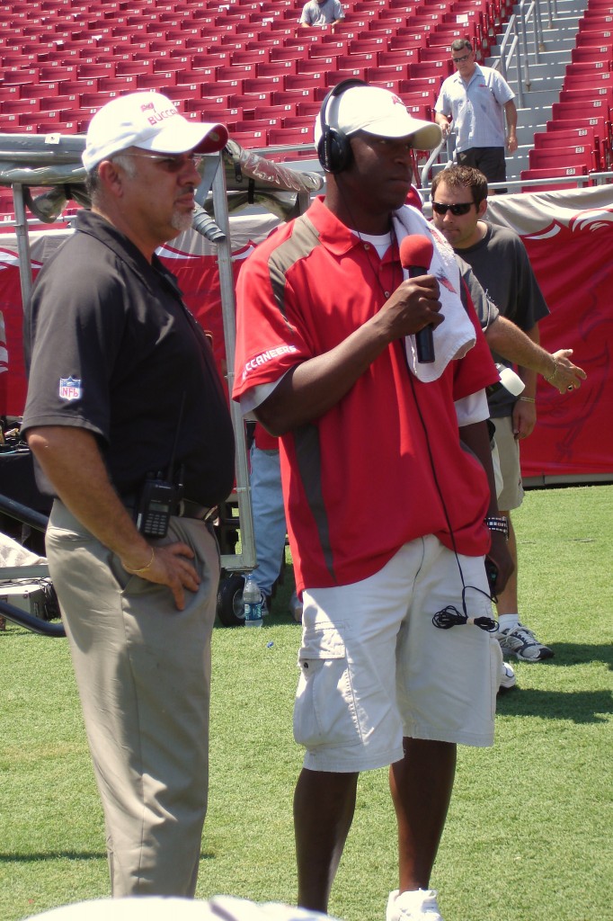 Raheem the Dream talks to Justin Pawlowski during a broadcast of "The Blitz" even though the two were only 10 yards apart.