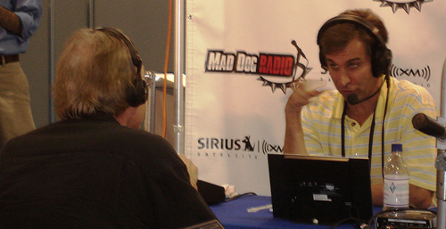 Chris "Mad Dog" Russo of Sirius/XM Radio makes a point during an interview at radio row.