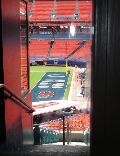 View of an end zone from the concourse of Joe Robbie Stadium.