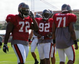 Michael Bennett, No. 71, is in the mix on the Bucs' D-line.