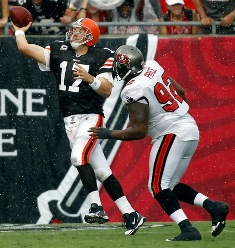 Brian Price takes aim on Cleveland quarterback Jake Delhomme in the Bucs season-opening win.