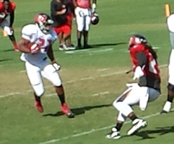 Joe apologies about the quality of this photo as he took it with his phone camera. S Mark Barron, right, is about to level RB Doug Martin in perhaps the hardest hit of training camp.