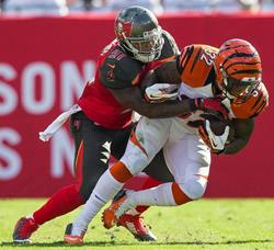 Bucs LB Danny Lansanah wraps up Bengals RB Jeremy Hill in the second half of Sunday's game. (Photo courtesy of Buccaneers.com)