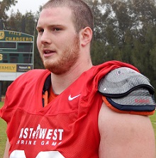 Syracuse LT Sean Hickey talks to Joe after a Shrine Game practice this week. The Bucs have already interviewed him.