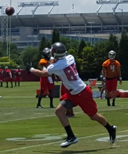 WR Chandler Jones runs a down and out and looks to haul in a pass from Jameis Winston at Bucs rookie minicamp Saturday.