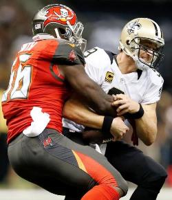 Bucs DE Jacquies Smith and his defensive teammates may have found the secret to shutting down Saints QB Drew Brees. (Photo courtesy of Buccaneers.com.)
