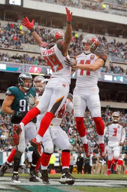 Bucs WRs Russell Shepard (89) and Adam Humphries sky in celebration of Shepard's touchdown yesterday. (Photo courtesy of Buccaneers.com.)