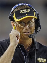 Southern Mississippi football coach Todd Monken gestures in the first half of an NCAA college football game against Appalachian State in Hattiesburg, Miss., Saturday, Sept. 20, 2014. Southern Mississippi won 21-20. (AP Photo/Rogelio V. Solis)
