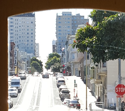 One of the rolling hills in San Francisco while on a cable car.