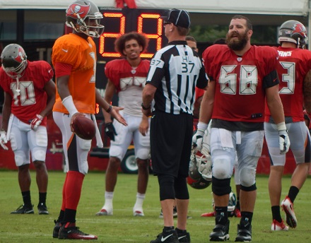 Jameis passionately sought knowledge today from a practice official after a unique false start call.