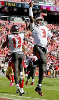 Bucs WR Mike Evans and QB Jameis Winston celebrate a touchdown yesterday. (Photo courtesy of Buccaneers.com)