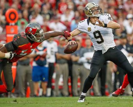 Noah Spence prevents Drew Brees from getting a pass off. (Photo courtesy of Buccaneers.com)